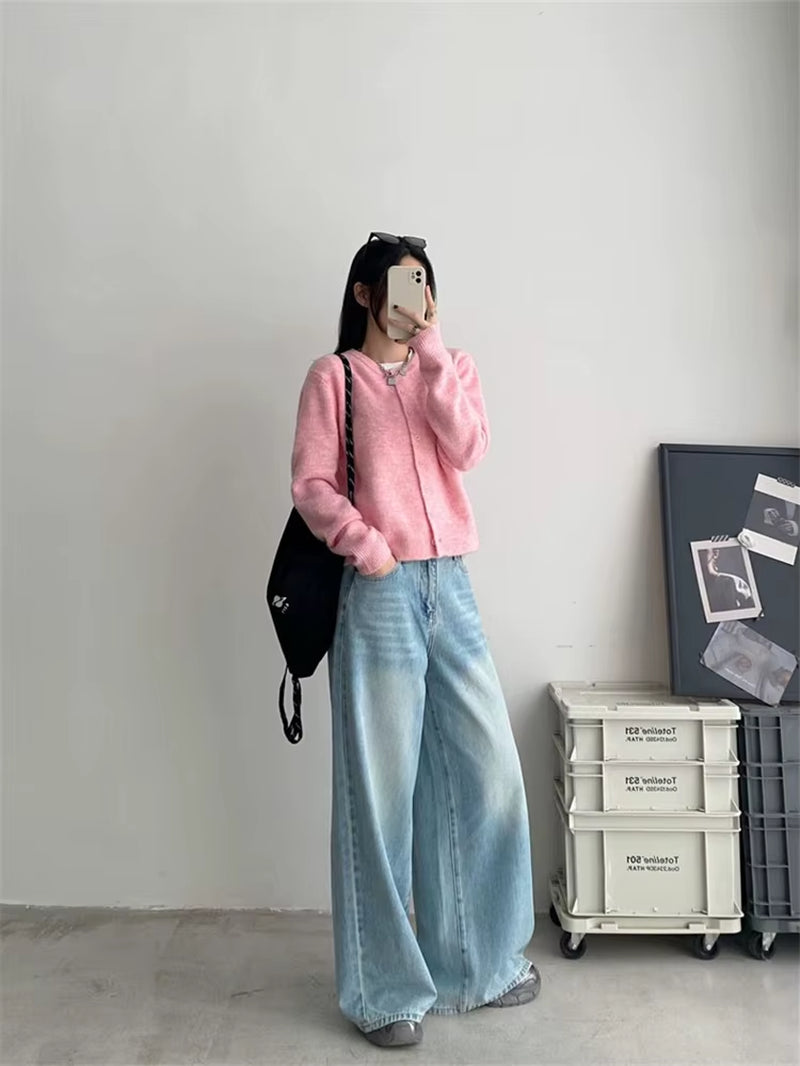 Women'S Polish White Scratch Pattern Light Blue Wide Leg Jeans Cool Girl Fashion Straight Denim Trousers Female High Waist Pants