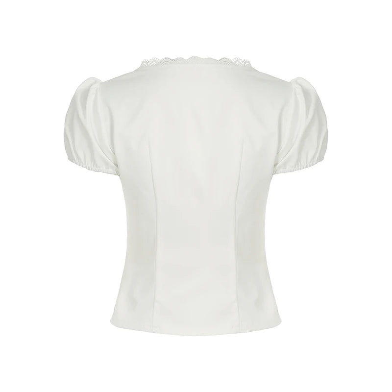 Fashion Simple Solid Slim Fit V-Neck Shirts Women Summer Causal Chic Lace Spliced New Blouses All-Match Trendy