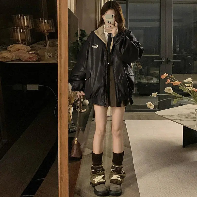 Chic Maillard Fashion Reversible PU Leather & Lambswool Y2K Winter Jacket - Velvet Cotton-Padded Style for Trendy Women