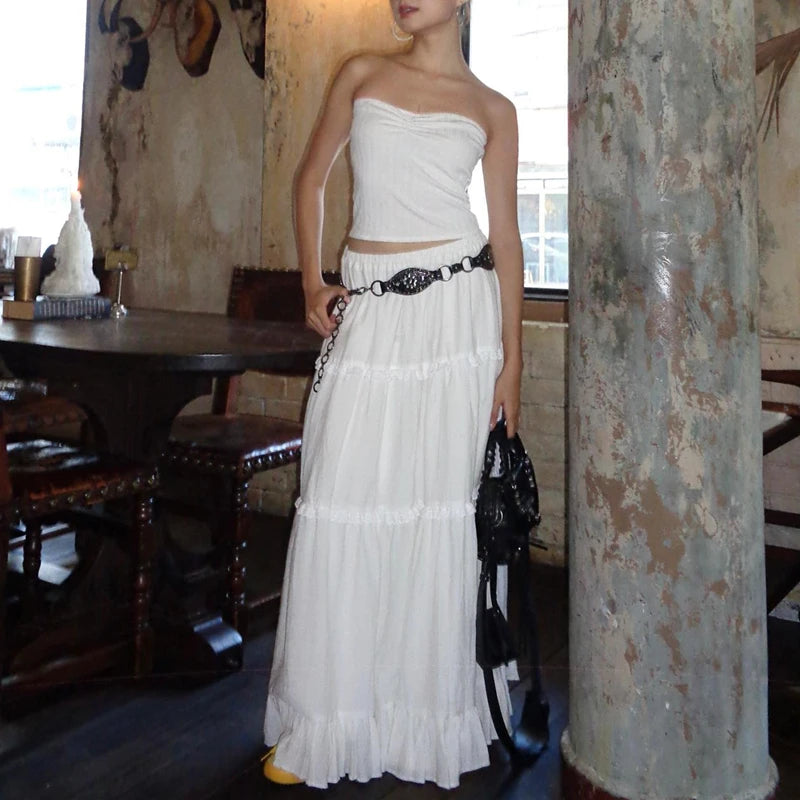 Elegant off Shoulder Strapless Backless Tank Top with Elastic Waist Pleated Long Skirts Women Beach Holiday 2 Piece Set