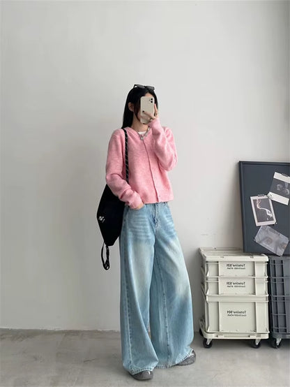 Women'S Polish White Scratch Pattern Light Blue Wide Leg Jeans Cool Girl Fashion Straight Denim Trousers Female High Waist Pants
