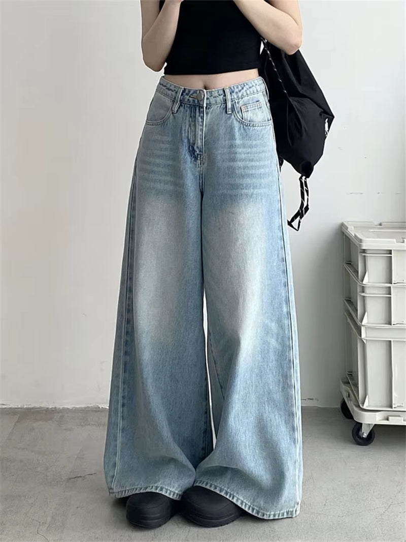 Women'S Polish White Scratch Pattern Light Blue Wide Leg Jeans Cool Girl Fashion Straight Denim Trousers Female High Waist Pants