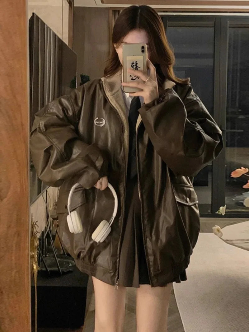 Chic Maillard Fashion Reversible PU Leather & Lambswool Y2K Winter Jacket - Velvet Cotton-Padded Style for Trendy Women
