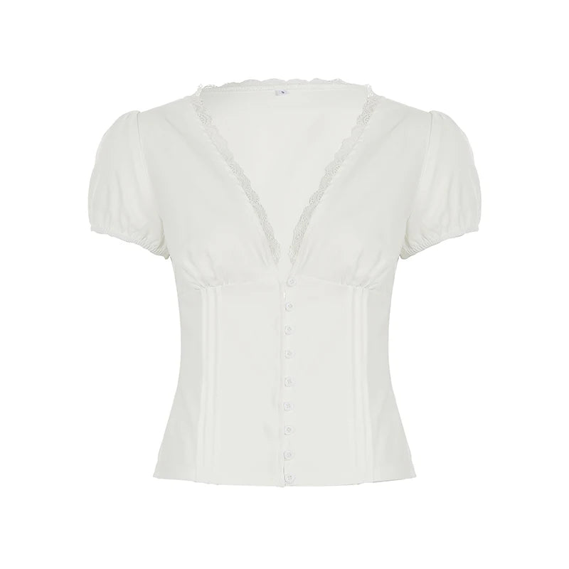 Fashion Simple Solid Slim Fit V-Neck Shirts Women Summer Causal Chic Lace Spliced New Blouses All-Match Trendy
