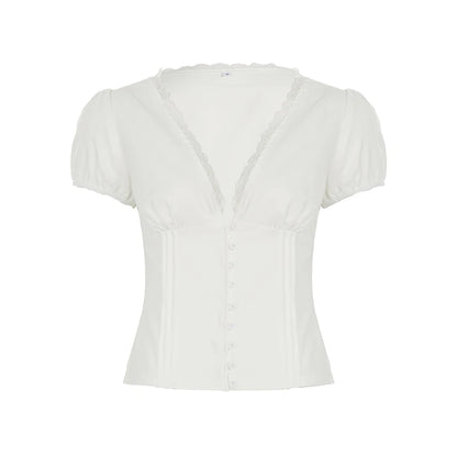 Fashion Simple Solid Slim Fit V-Neck Shirts Women Summer Causal Chic Lace Spliced New Blouses All-Match Trendy