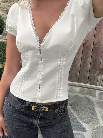 Fashion Simple Solid Slim Fit V-Neck Shirts Women Summer Causal Chic Lace Spliced New Blouses All-Match Trendy