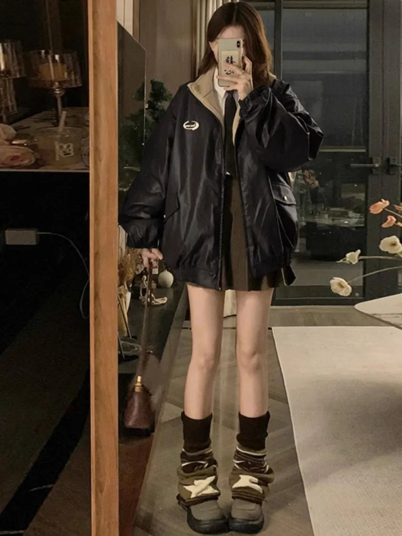 Chic Maillard Fashion Reversible PU Leather & Lambswool Y2K Winter Jacket - Velvet Cotton-Padded Style for Trendy Women