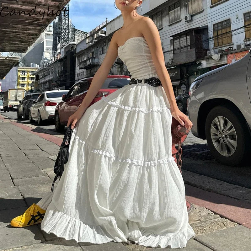 Elegant off Shoulder Strapless Backless Tank Top with Elastic Waist Pleated Long Skirts Women Beach Holiday 2 Piece Set