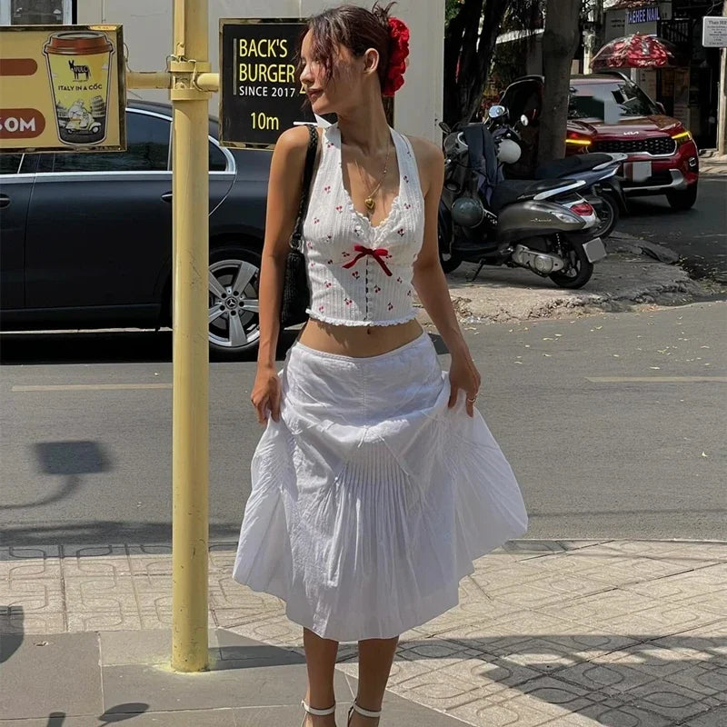 Korean Fashion Print Halter Camis Tank Tops Summer Knitted Slim Fit Tank Top High Street Commuter Casual Women'S Wear
