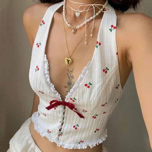 Korean Fashion Print Halter Camis Tank Tops Summer Knitted Slim Fit Tank Top High Street Commuter Casual Women'S Wear