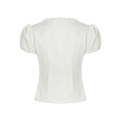 Fashion Simple Solid Slim Fit V-Neck Shirts Women Summer Causal Chic Lace Spliced New Blouses All-Match Trendy
