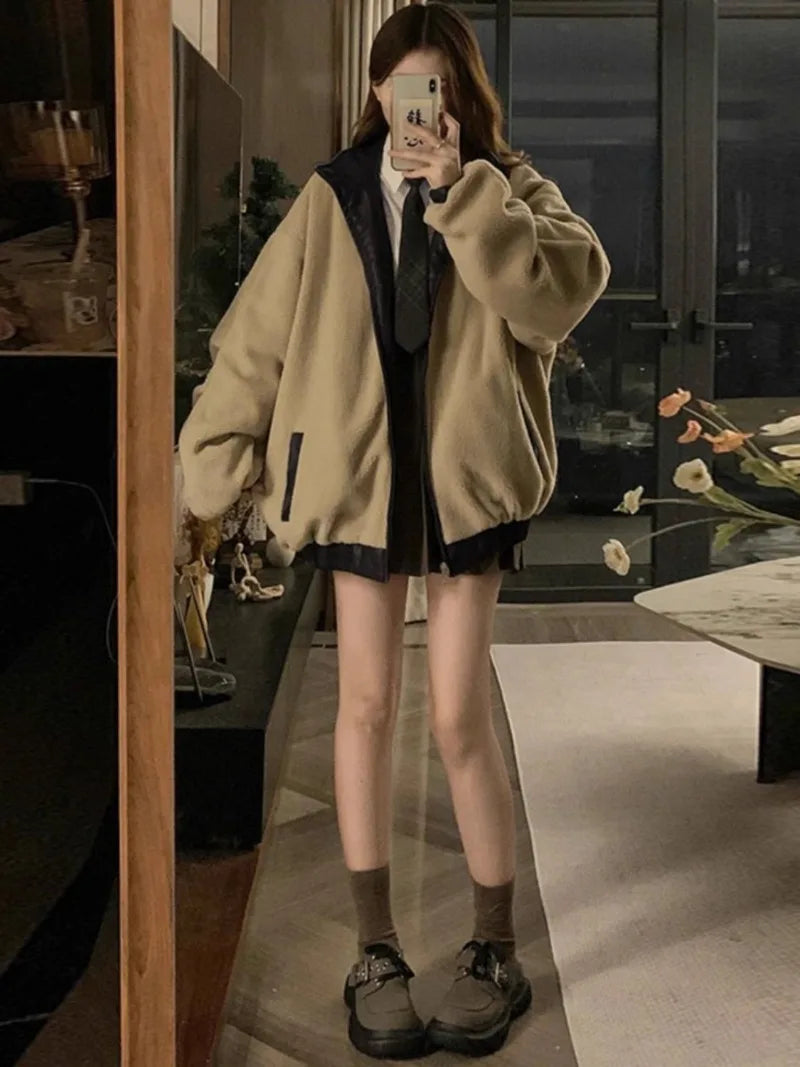 Chic Maillard Fashion Reversible PU Leather & Lambswool Y2K Winter Jacket - Velvet Cotton-Padded Style for Trendy Women