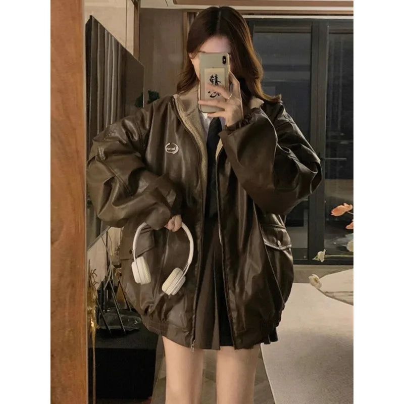Chic Maillard Fashion Reversible PU Leather & Lambswool Y2K Winter Jacket - Velvet Cotton-Padded Style for Trendy Women