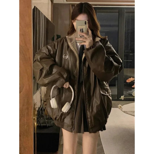 Chic Maillard Fashion Reversible PU Leather & Lambswool Y2K Winter Jacket - Velvet Cotton-Padded Style for Trendy Women