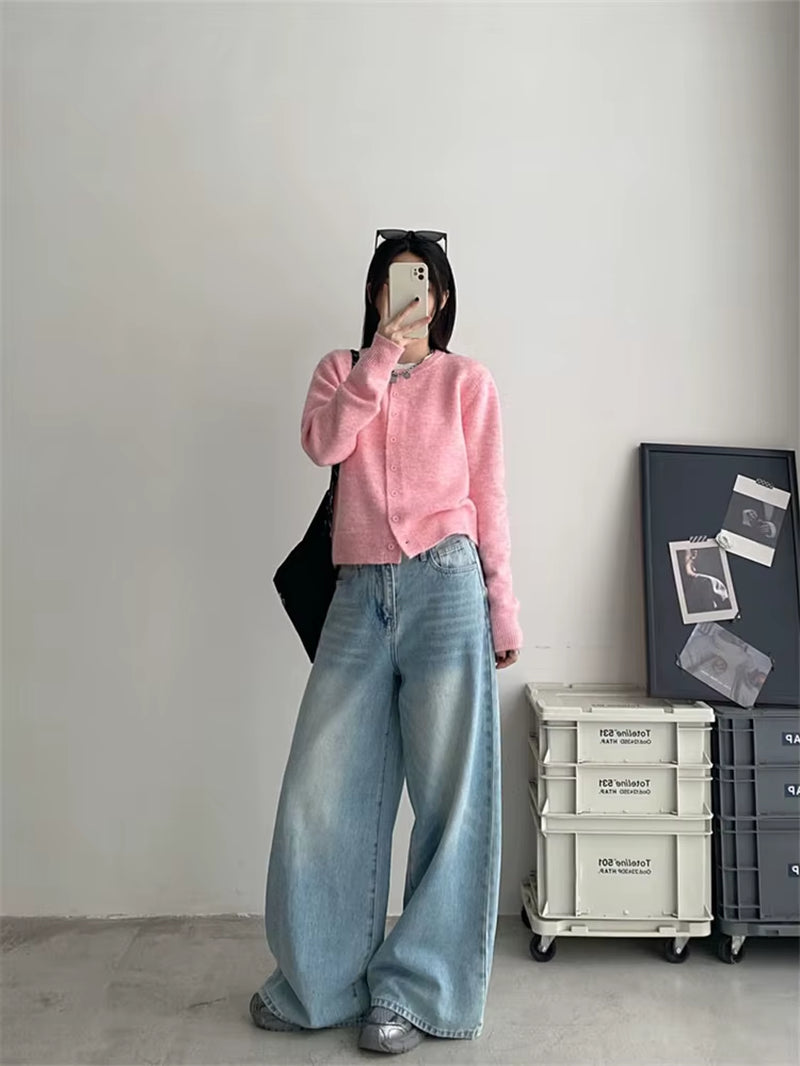 Women'S Polish White Scratch Pattern Light Blue Wide Leg Jeans Cool Girl Fashion Straight Denim Trousers Female High Waist Pants