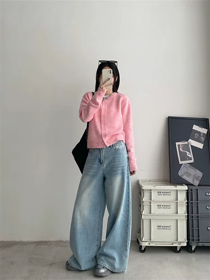 Women'S Polish White Scratch Pattern Light Blue Wide Leg Jeans Cool Girl Fashion Straight Denim Trousers Female High Waist Pants